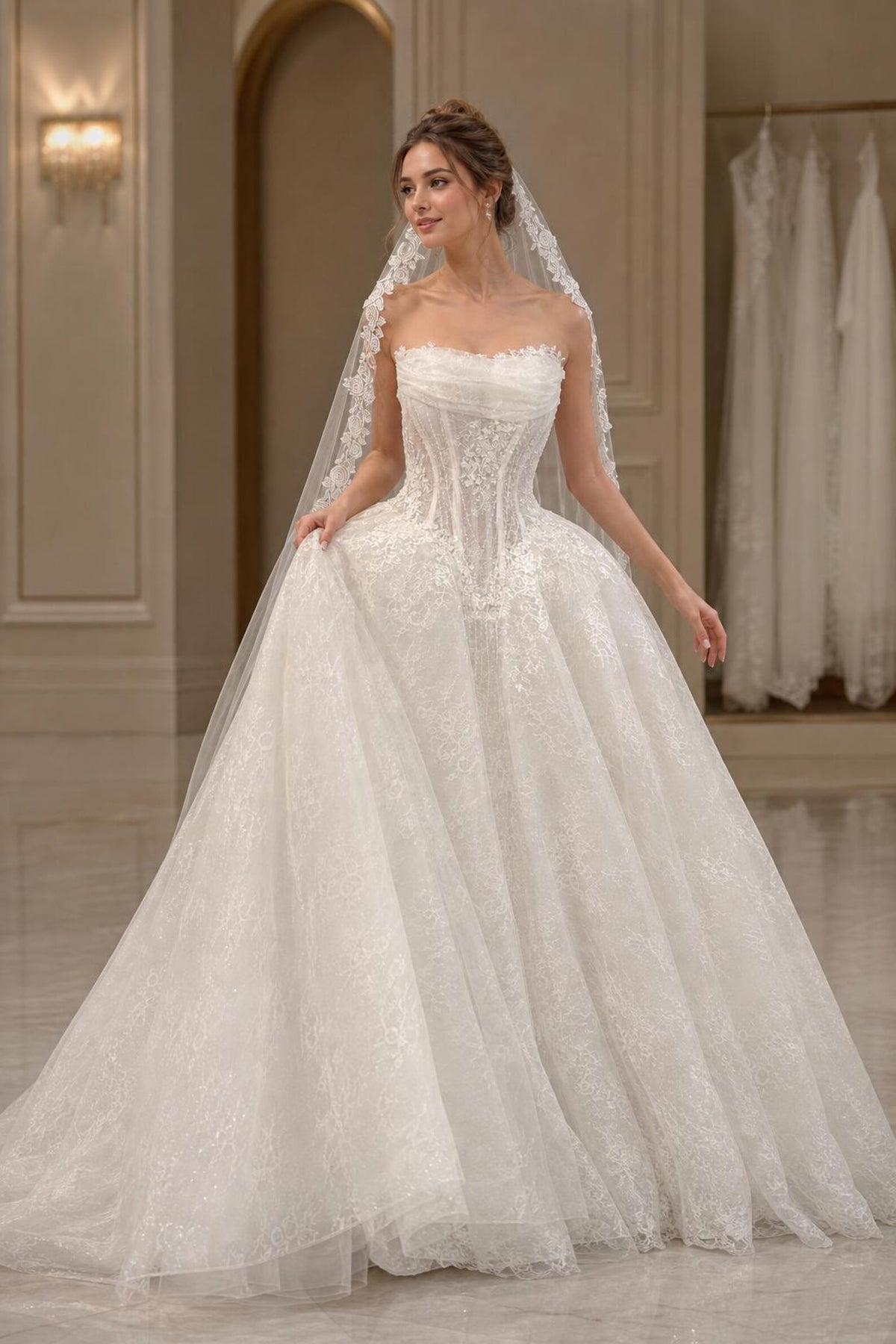 Strapless Lace Wedding Dress with Corset Bodice, Draped Ball Gown Bridal Dress with Train, Floral Lace Wedding Gown with Veil
