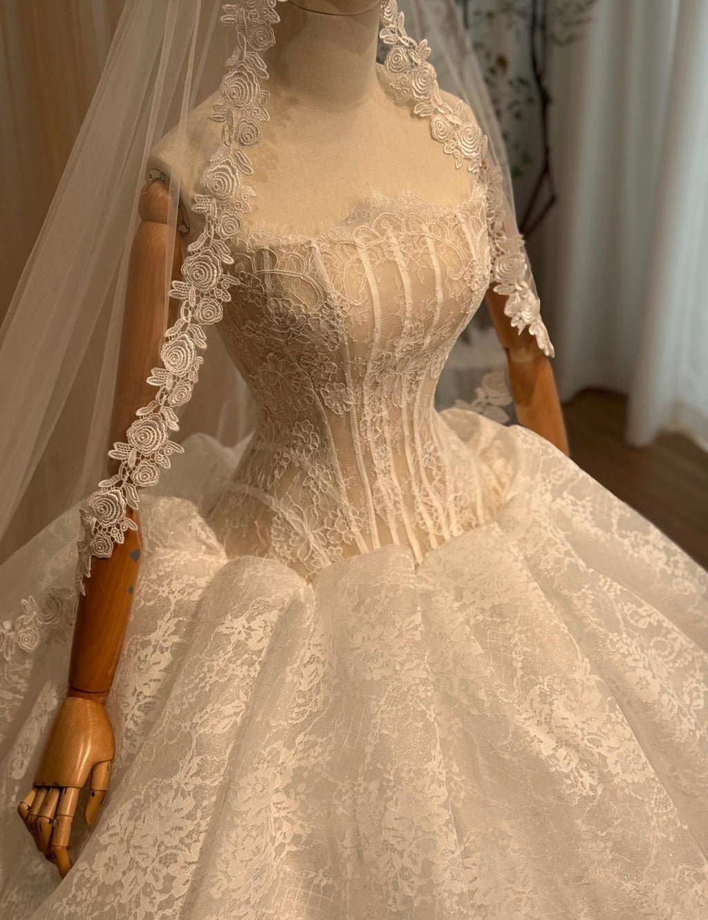 Strapless Corset Lace Wedding Dress, Sheer Illusion Bodice Ball Gown with Train, Floral Lace Bridal Gown with Rose Veil