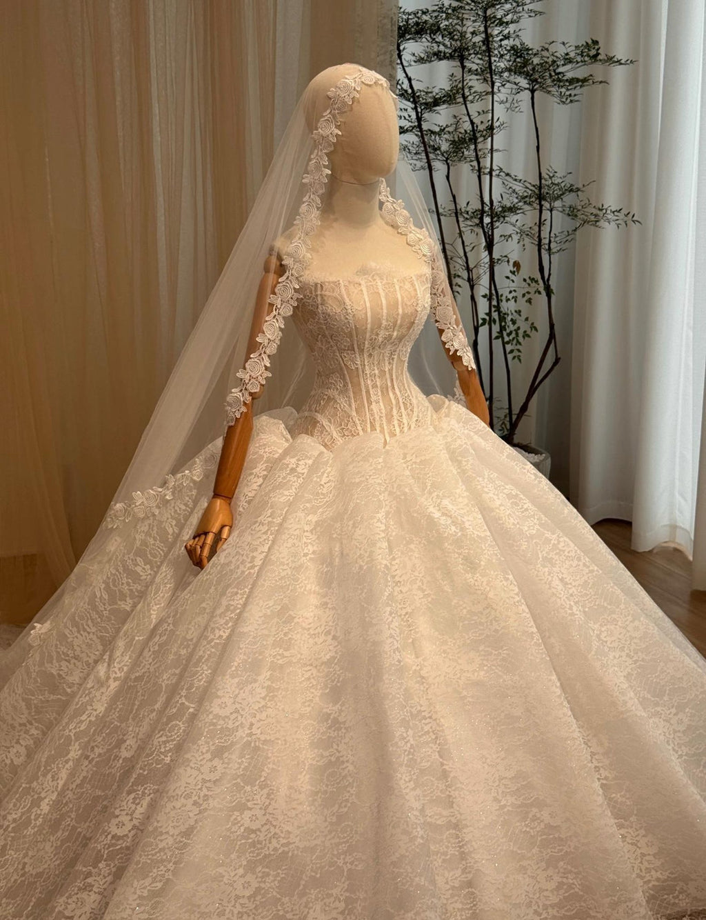 Strapless Corset Lace Wedding Dress, Sheer Illusion Bodice Ball Gown with Train, Floral Lace Bridal Gown with Rose Veil