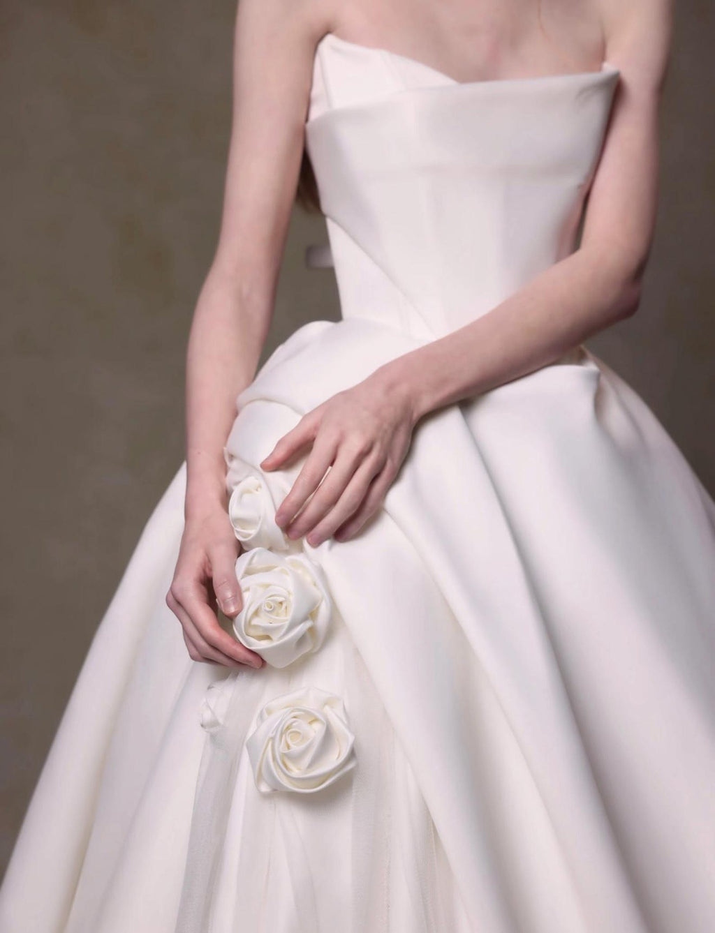 Strapless Matte Satin Ball Gown Wedding Dress,Hand‑crafted 3D Fabric Rose Bridal Gown,Ivory Chapel Train Couture Bridal Dress