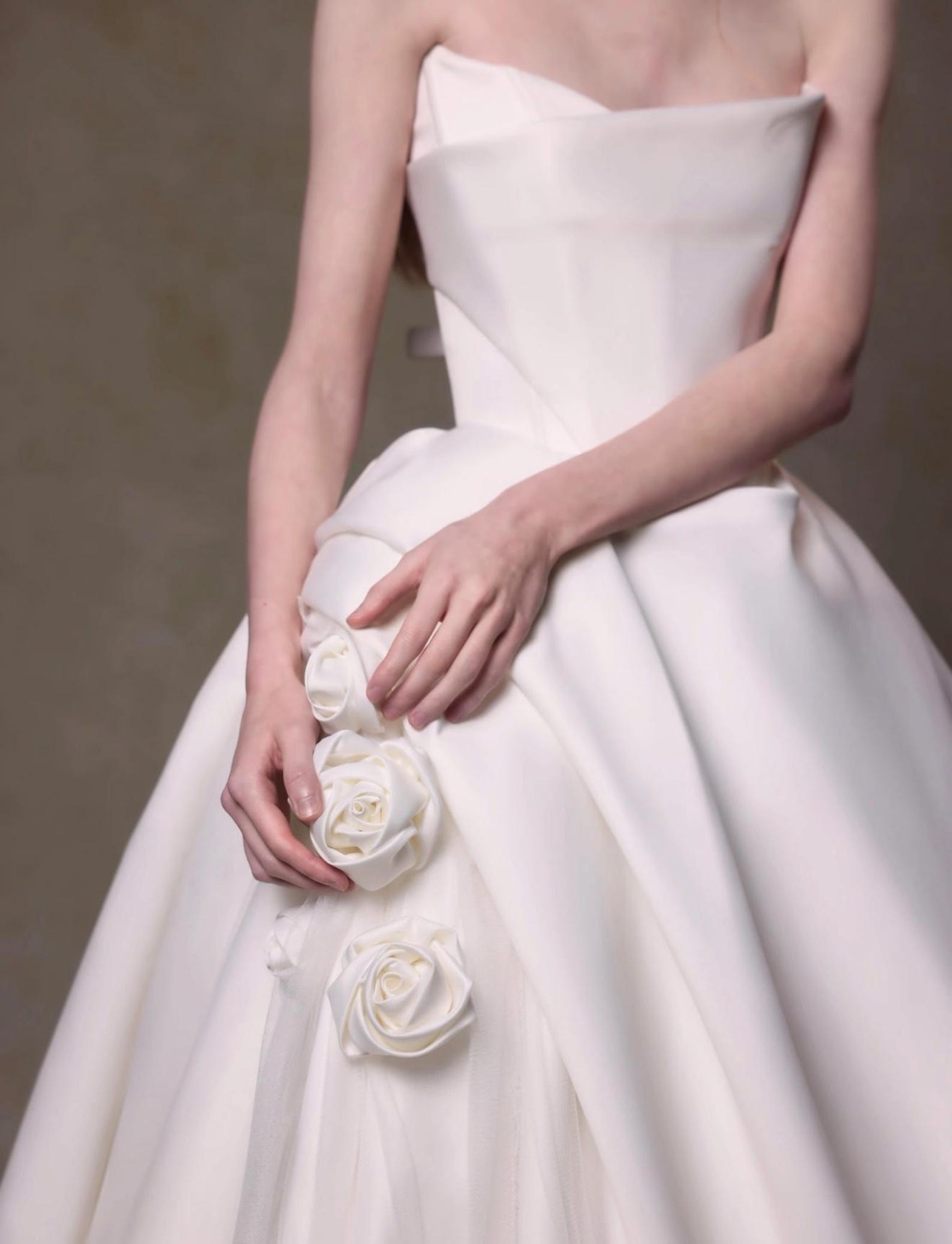 Strapless Matte Satin Ball Gown Wedding Dress,Hand‑crafted 3D Fabric Rose Bridal Gown,Ivory Chapel Train Couture Bridal Dress