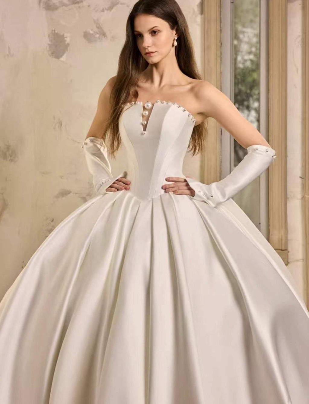 Strapless Satin Ball Gown Wedding Dress,Pearl Trim Bridal Gown,Detachable Pearl Satin Gloves,Ivory Voluminous Bridal Dress