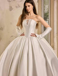 Strapless Satin Ball Gown Wedding Dress,Pearl Trim Bridal Gown,Detachable Pearl Satin Gloves,Ivory Voluminous Bridal Dress