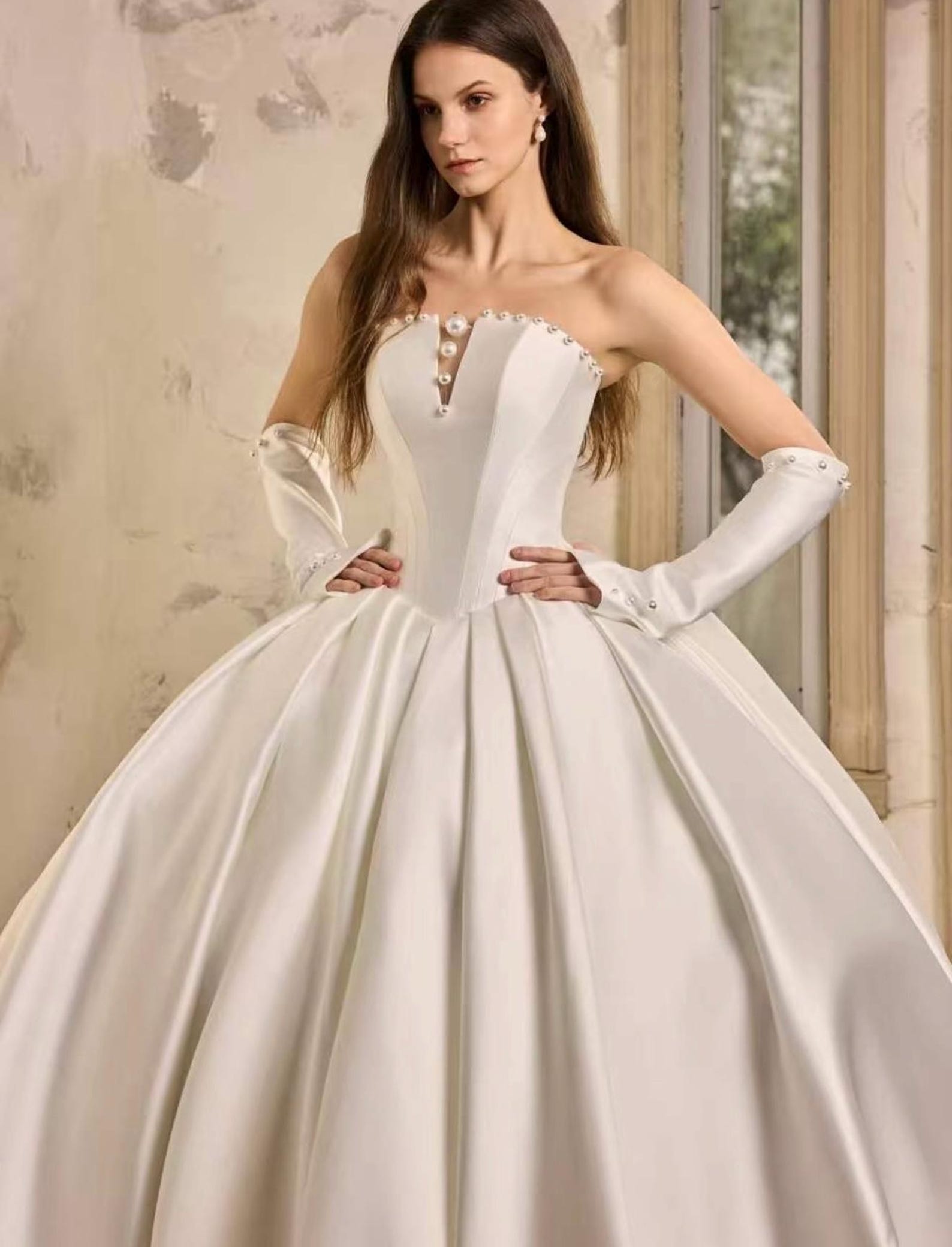 Strapless Satin Ball Gown Wedding Dress,Pearl Trim Bridal Gown,Detachable Pearl Satin Gloves,Ivory Voluminous Bridal Dress
