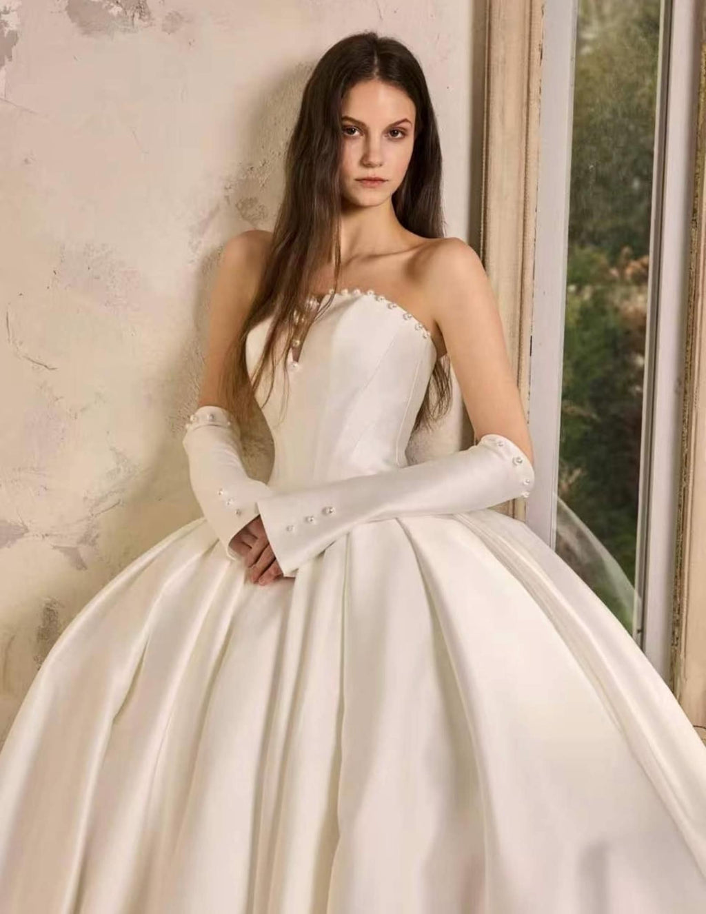 Strapless Satin Ball Gown Wedding Dress,Pearl Trim Bridal Gown,Detachable Pearl Satin Gloves,Ivory Voluminous Bridal Dress