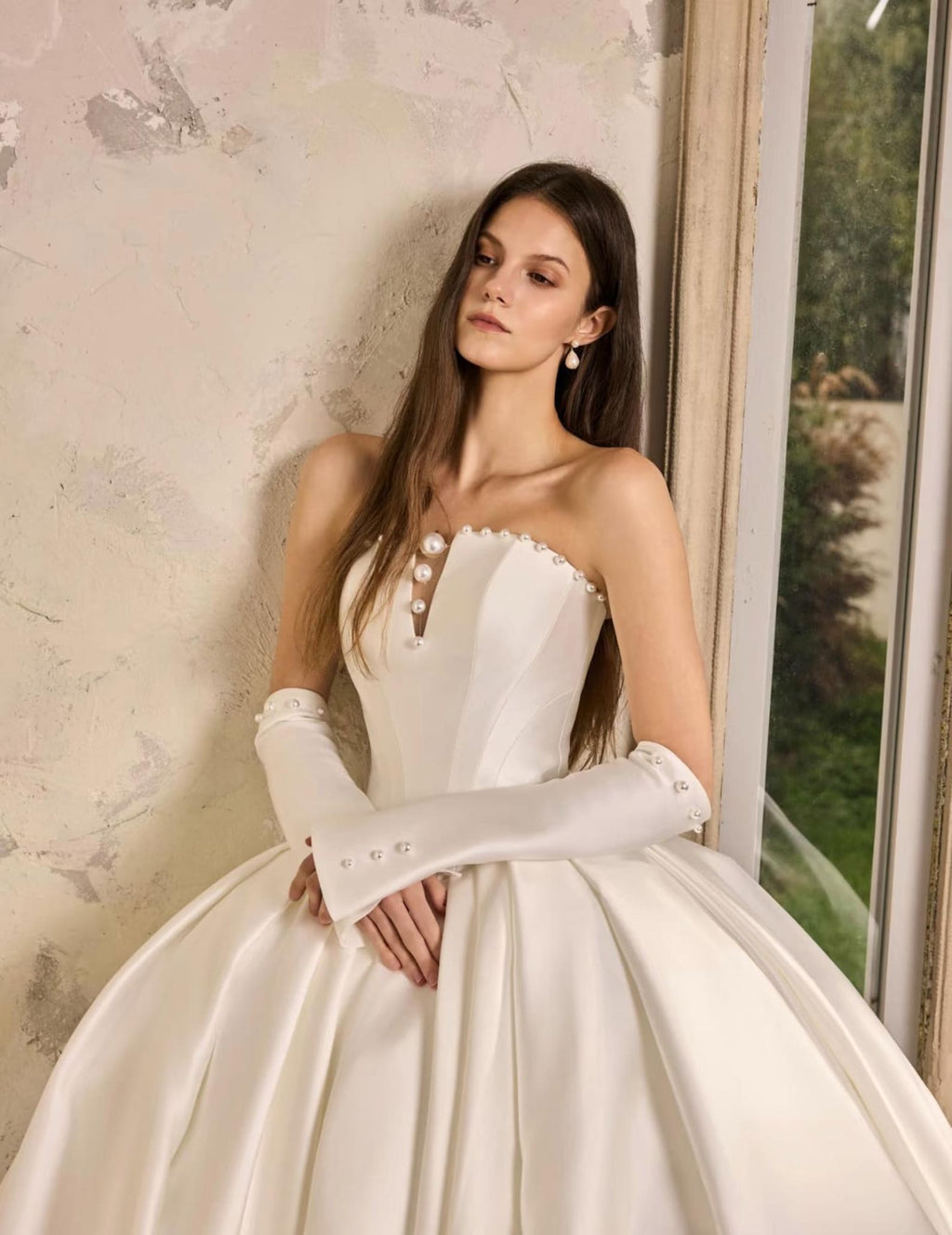 Strapless Satin Ball Gown Wedding Dress,Pearl Trim Bridal Gown,Detachable Pearl Satin Gloves,Ivory Voluminous Bridal Dress