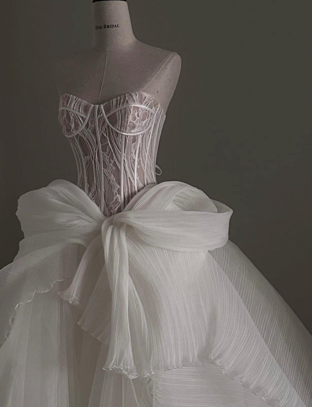 Custom Strapless Corset Bridal Gown, Tulle Skirt With Oversized Bow For Wedding