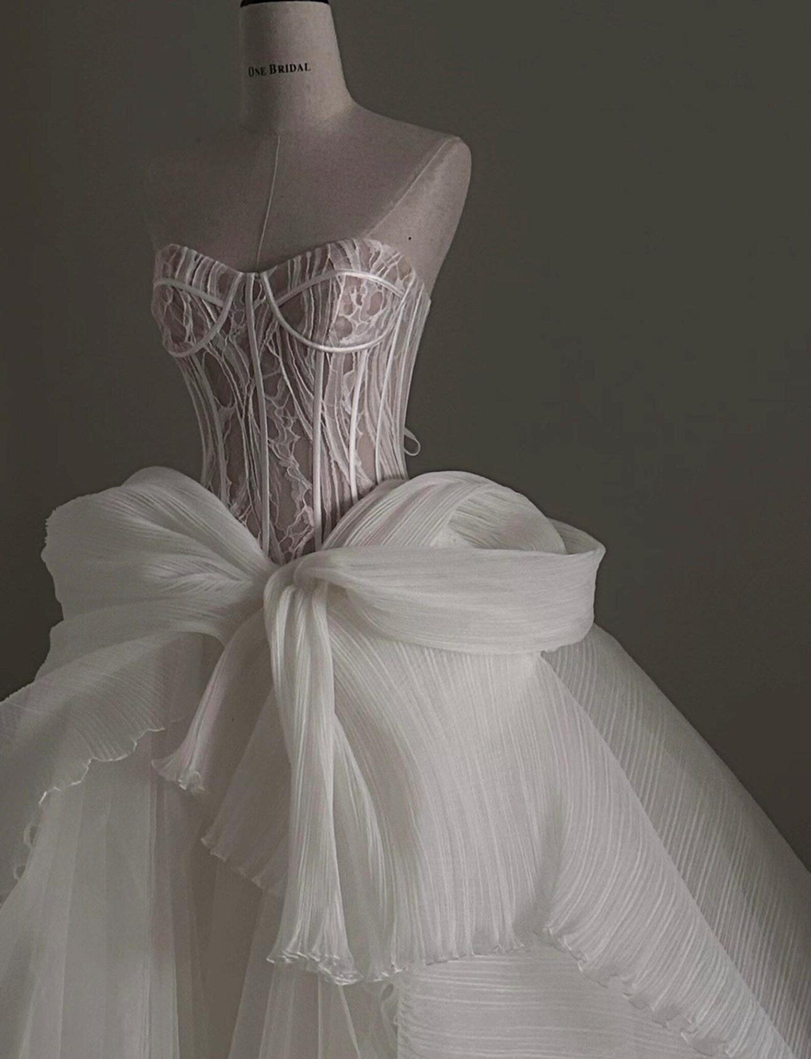 Custom Strapless Corset Bridal Gown, Tulle Skirt With Oversized Bow For Wedding