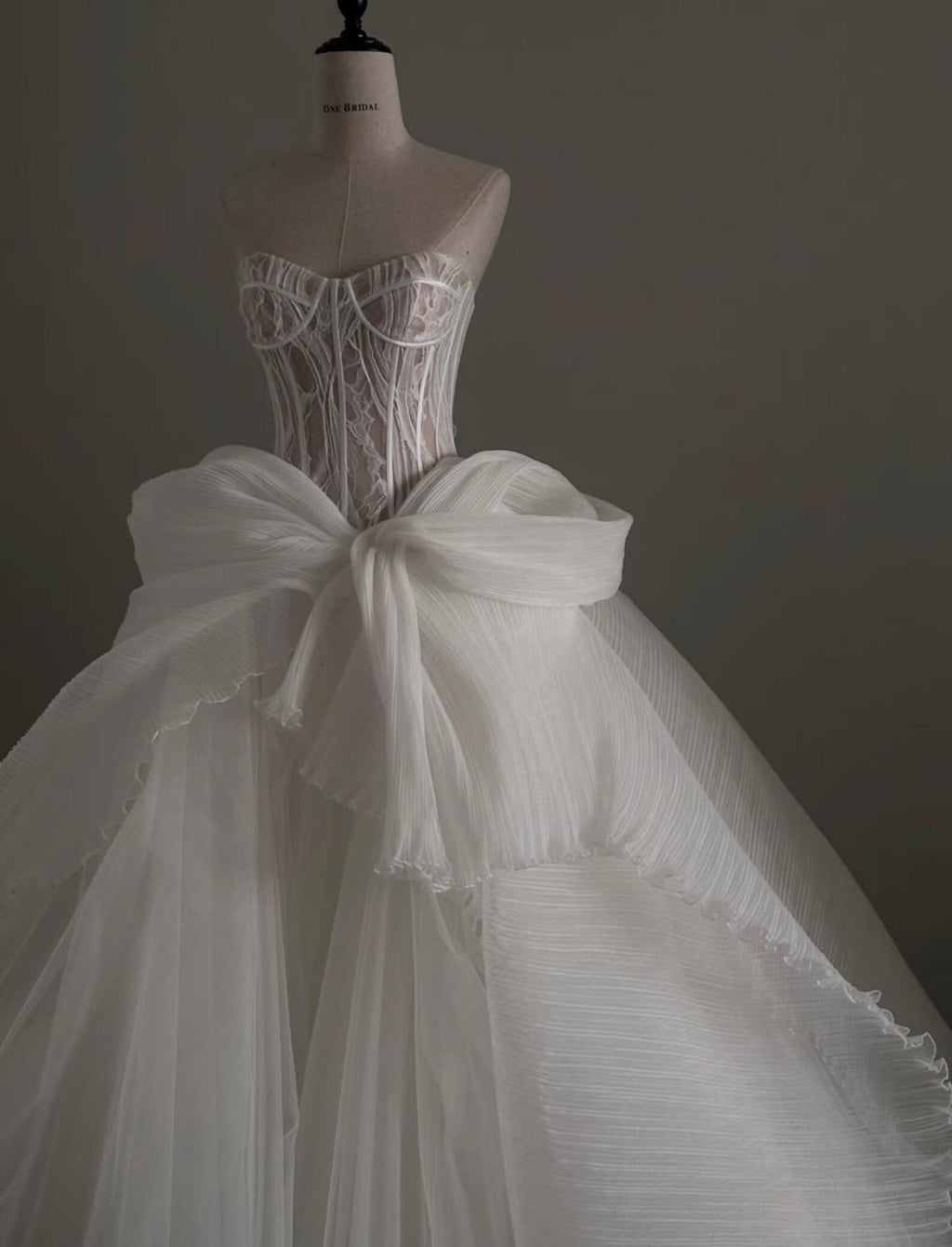 Custom Strapless Corset Bridal Gown, Tulle Skirt With Oversized Bow For Wedding