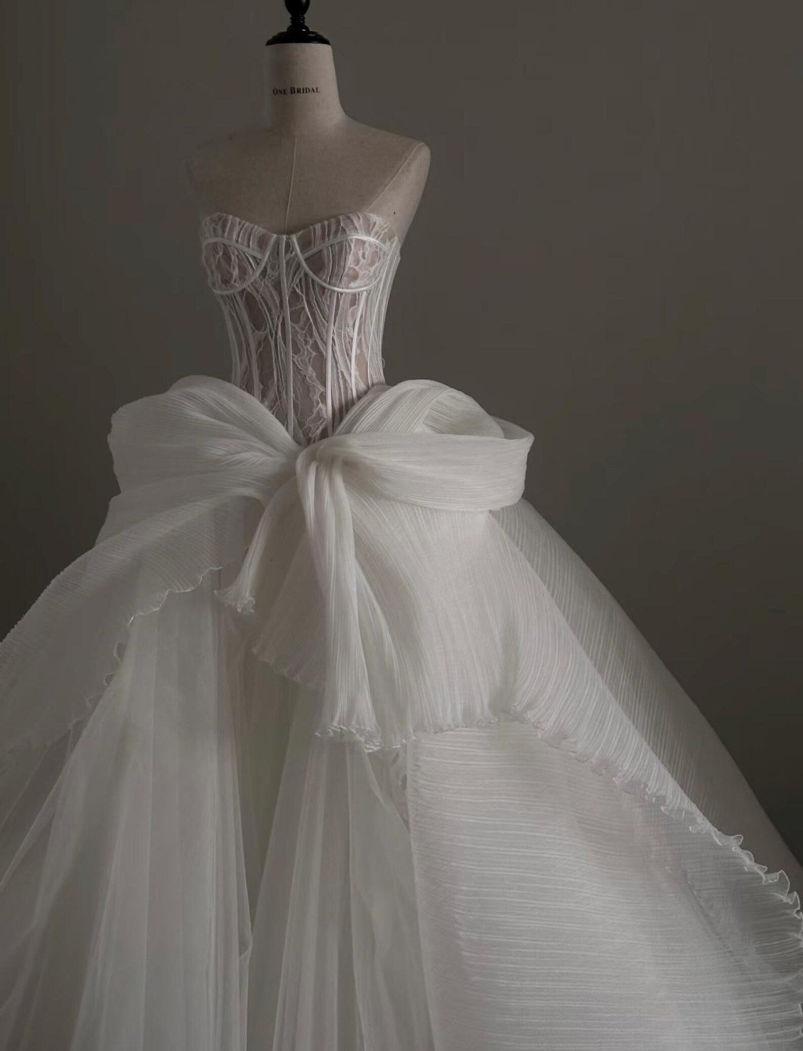Custom Strapless Corset Bridal Gown, Tulle Skirt With Oversized Bow For Wedding