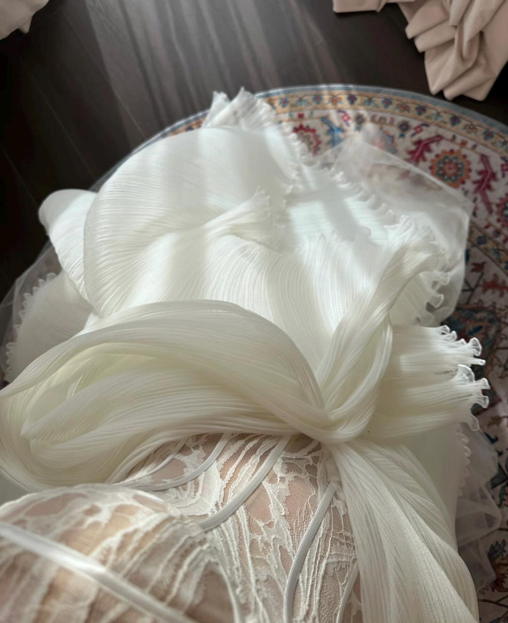 Custom Strapless Corset Bridal Gown, Tulle Skirt With Oversized Bow For Wedding
