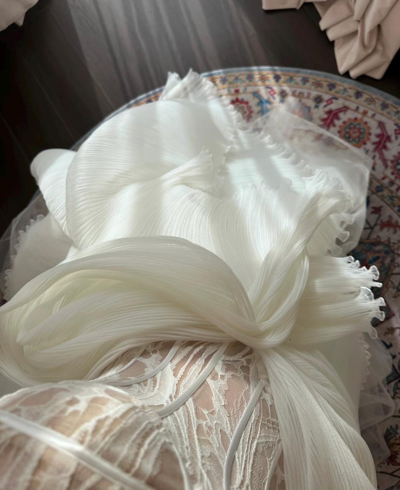 Custom Strapless Corset Bridal Gown, Tulle Skirt With Oversized Bow For Wedding