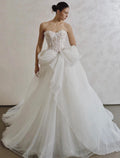 Custom Strapless Corset Bridal Gown, Tulle Skirt With Oversized Bow For Wedding