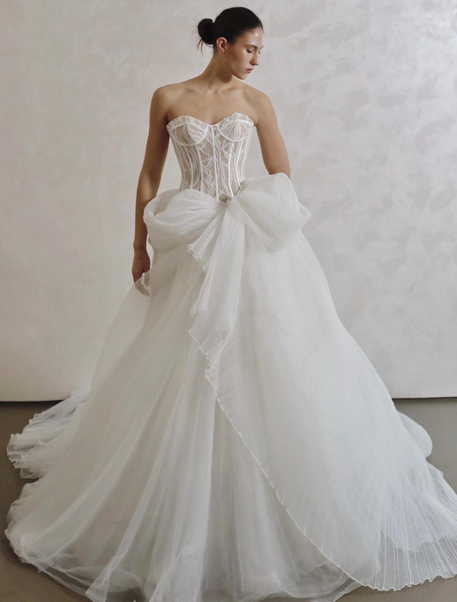 Custom Strapless Corset Bridal Gown, Tulle Skirt With Oversized Bow For Wedding