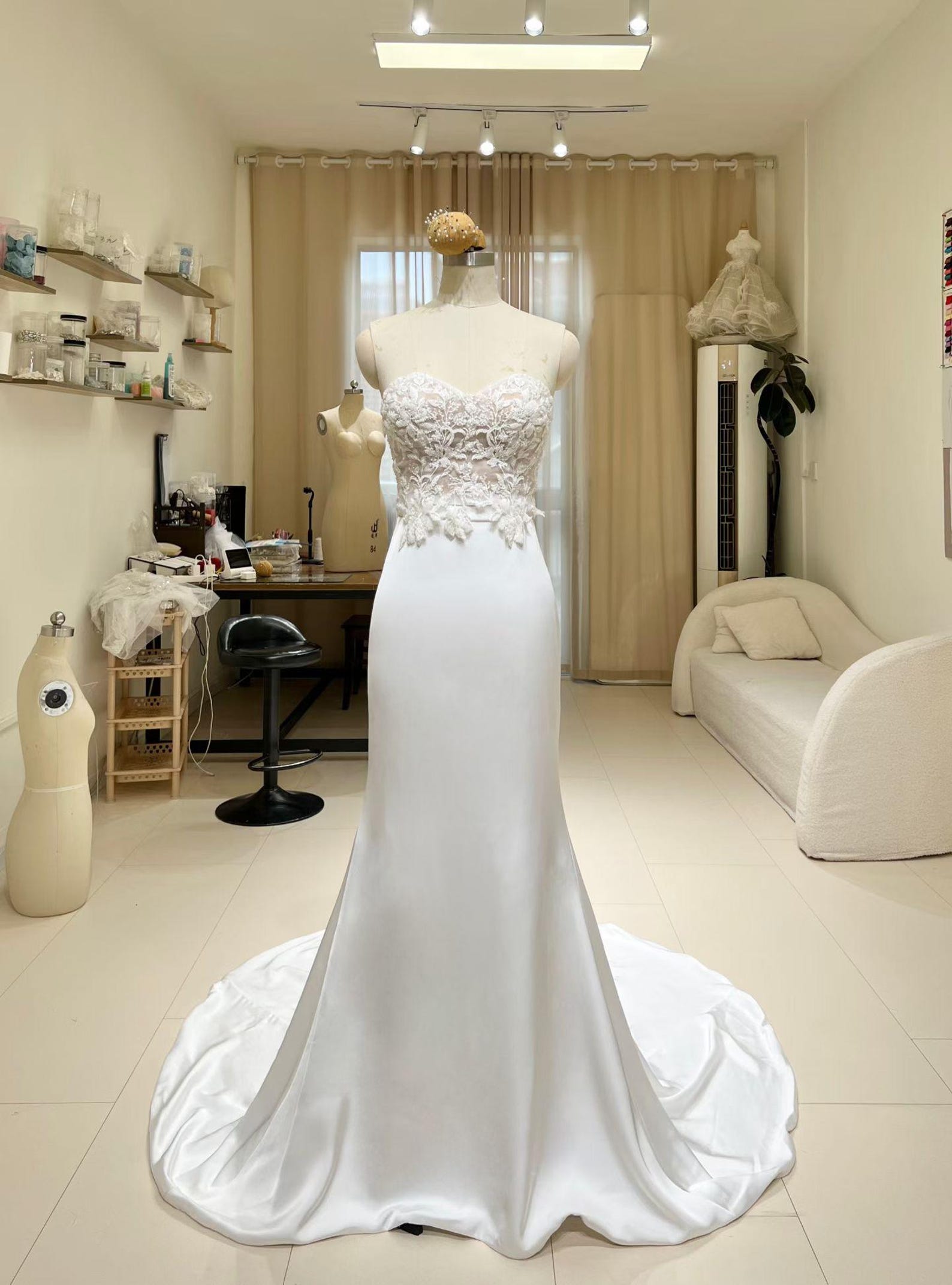 Strapless Floral Lace Mermaid Wedding Gown, Appliqué Bridal Dress With Long Train