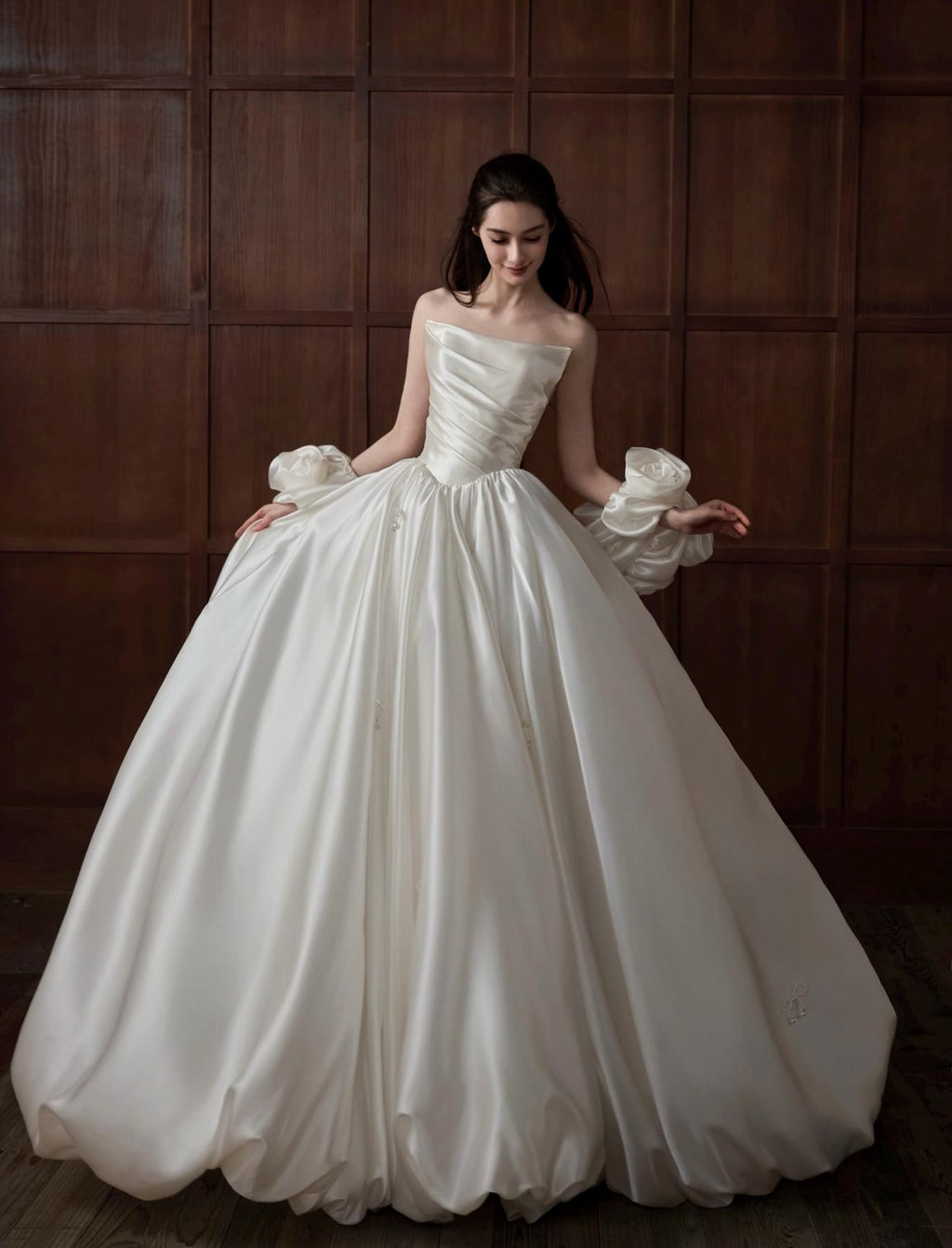 Luxury Satin Princess Wedding Gown, Strapless Pleated Bodice, Detachable 3D Rose Sleeve, Puffy Ballgown Bridal Dress