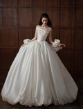 Luxury Satin Princess Wedding Gown, Strapless Pleated Bodice, Detachable 3D Rose Sleeve, Puffy Ballgown Bridal Dress