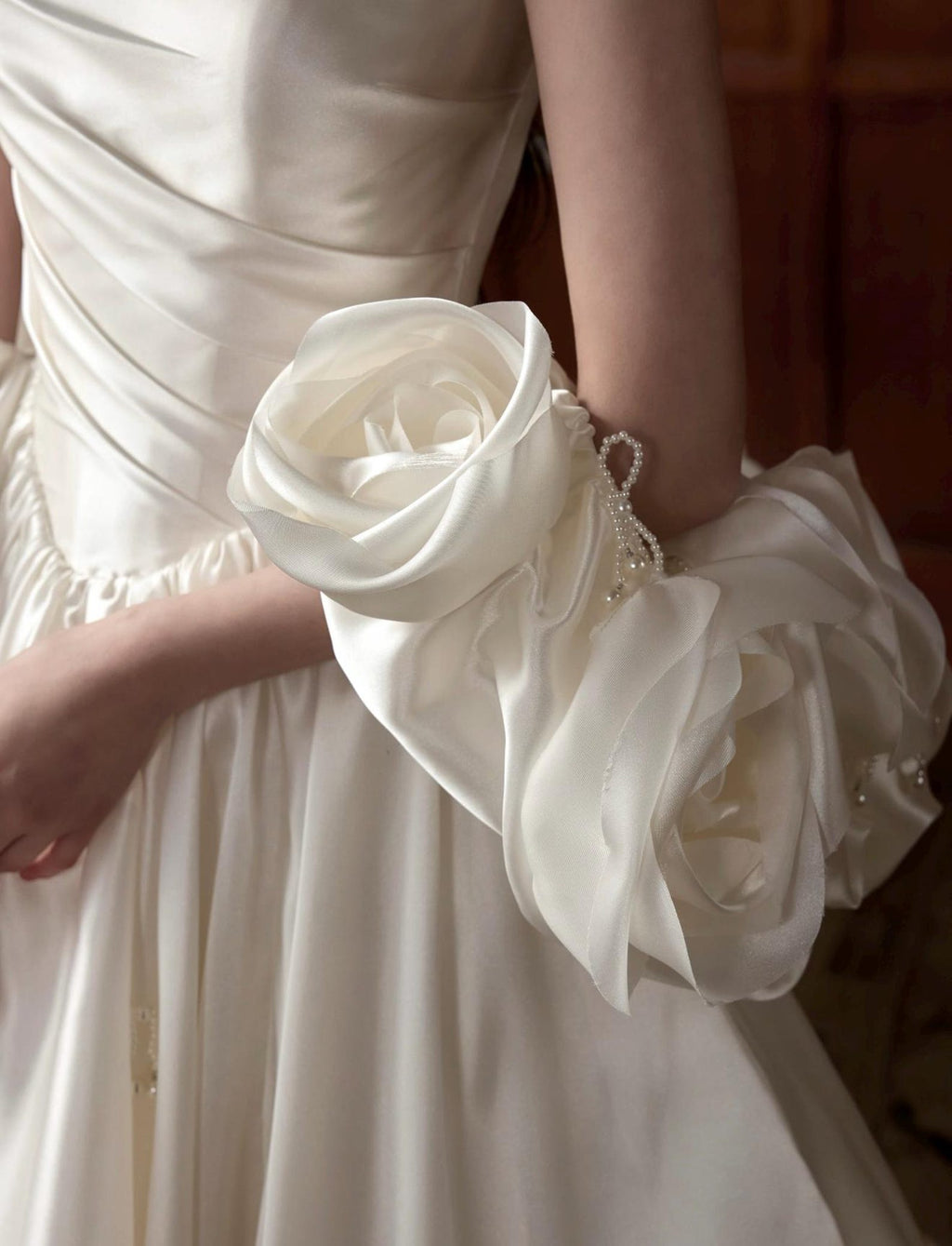 Luxury Satin Princess Wedding Gown, Strapless Pleated Bodice, Detachable 3D Rose Sleeve, Puffy Ballgown Bridal Dress