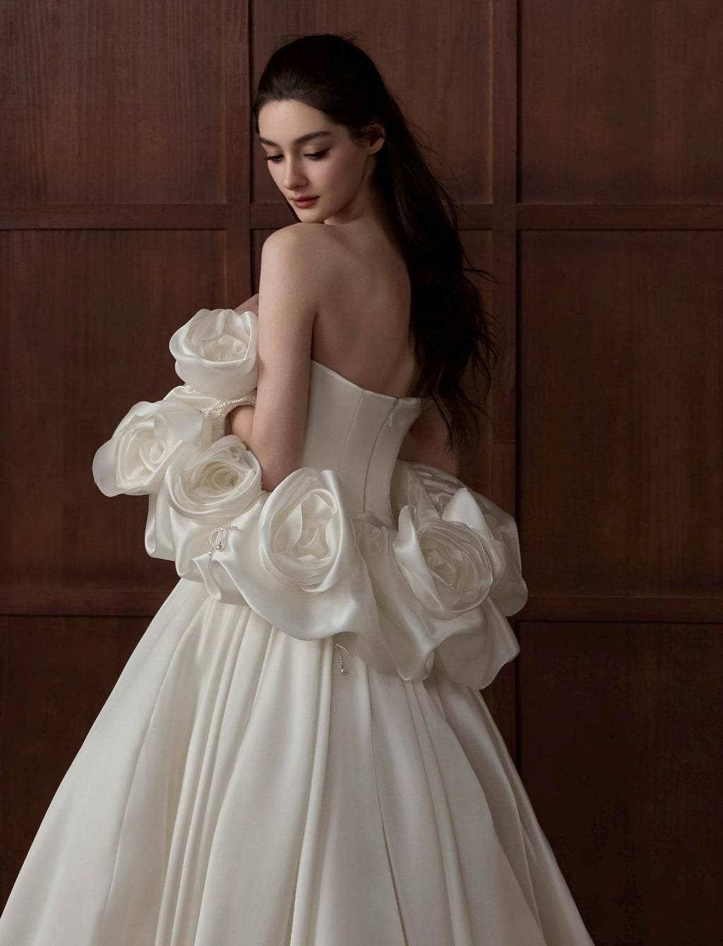 Luxury Satin Princess Wedding Gown, Strapless Pleated Bodice, Detachable 3D Rose Sleeve, Puffy Ballgown Bridal Dress