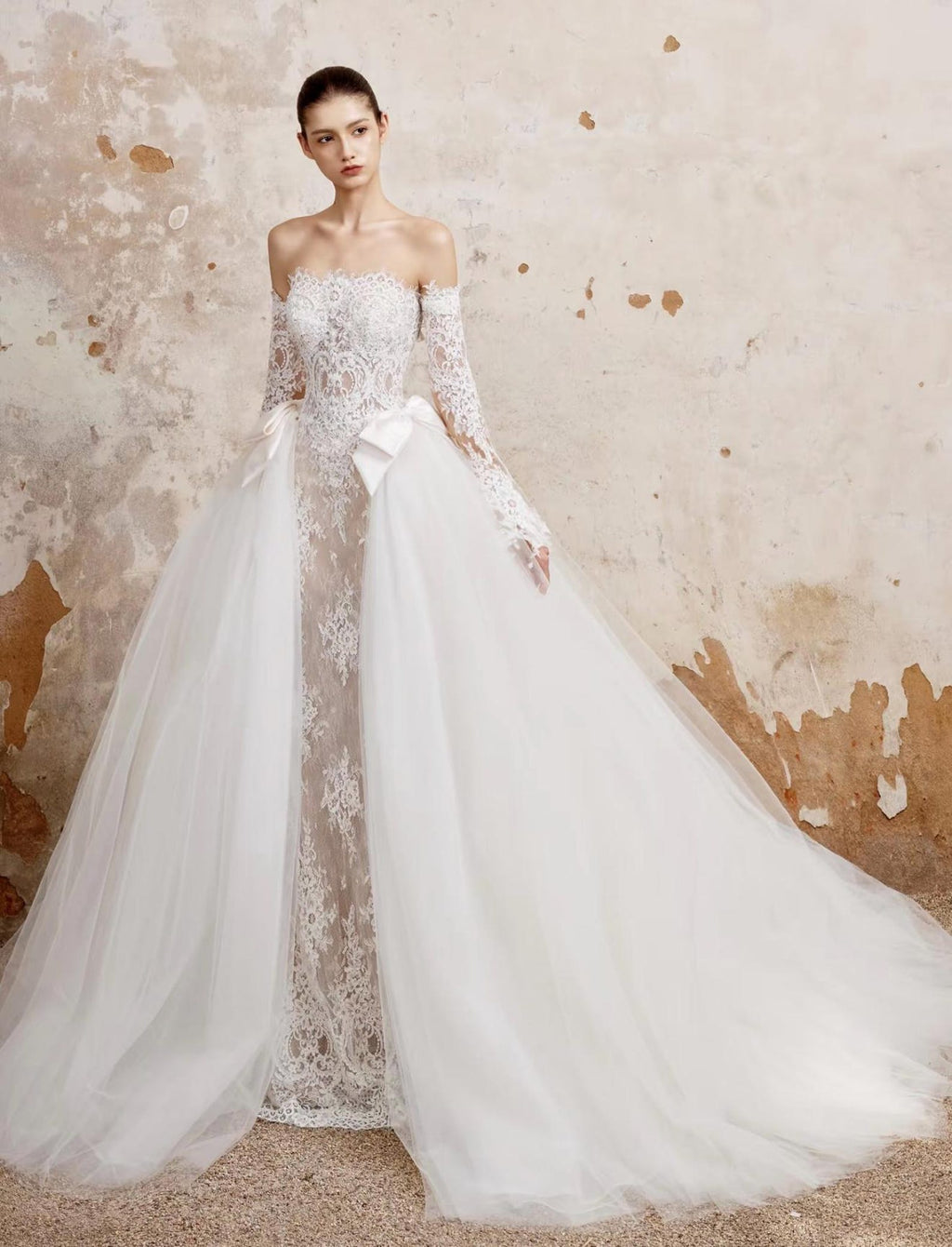 Strapless Lace Wedding Gown, Detachable Long Lace Sleeves, Tulle Skirt Bridal Dress With Satin Bows