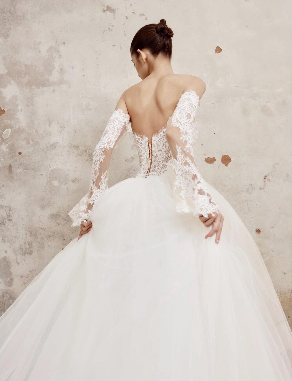Strapless Lace Wedding Gown, Detachable Long Lace Sleeves, Tulle Skirt Bridal Dress With Satin Bows