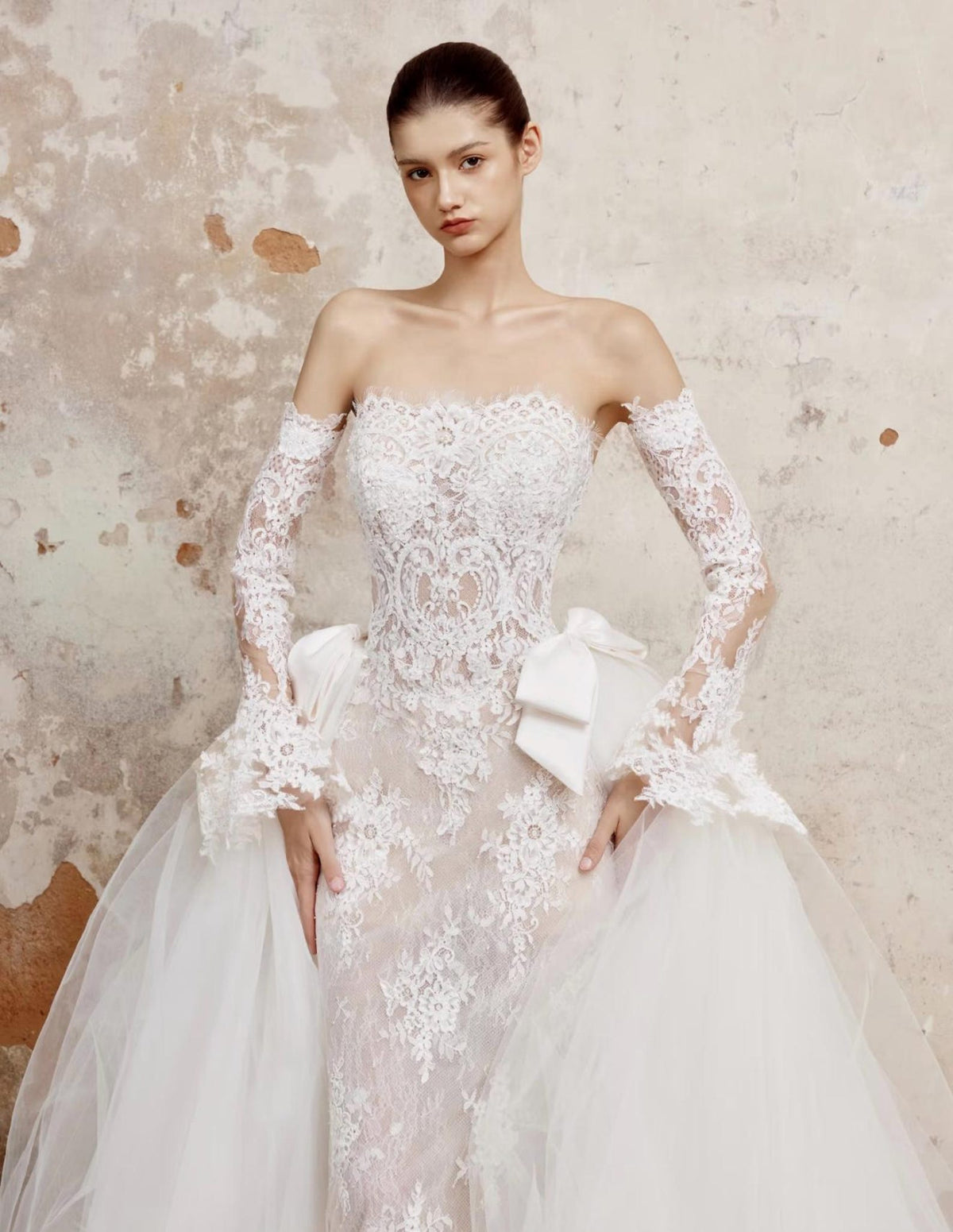 Strapless Lace Wedding Gown, Detachable Long Lace Sleeves, Tulle Skirt Bridal Dress With Satin Bows