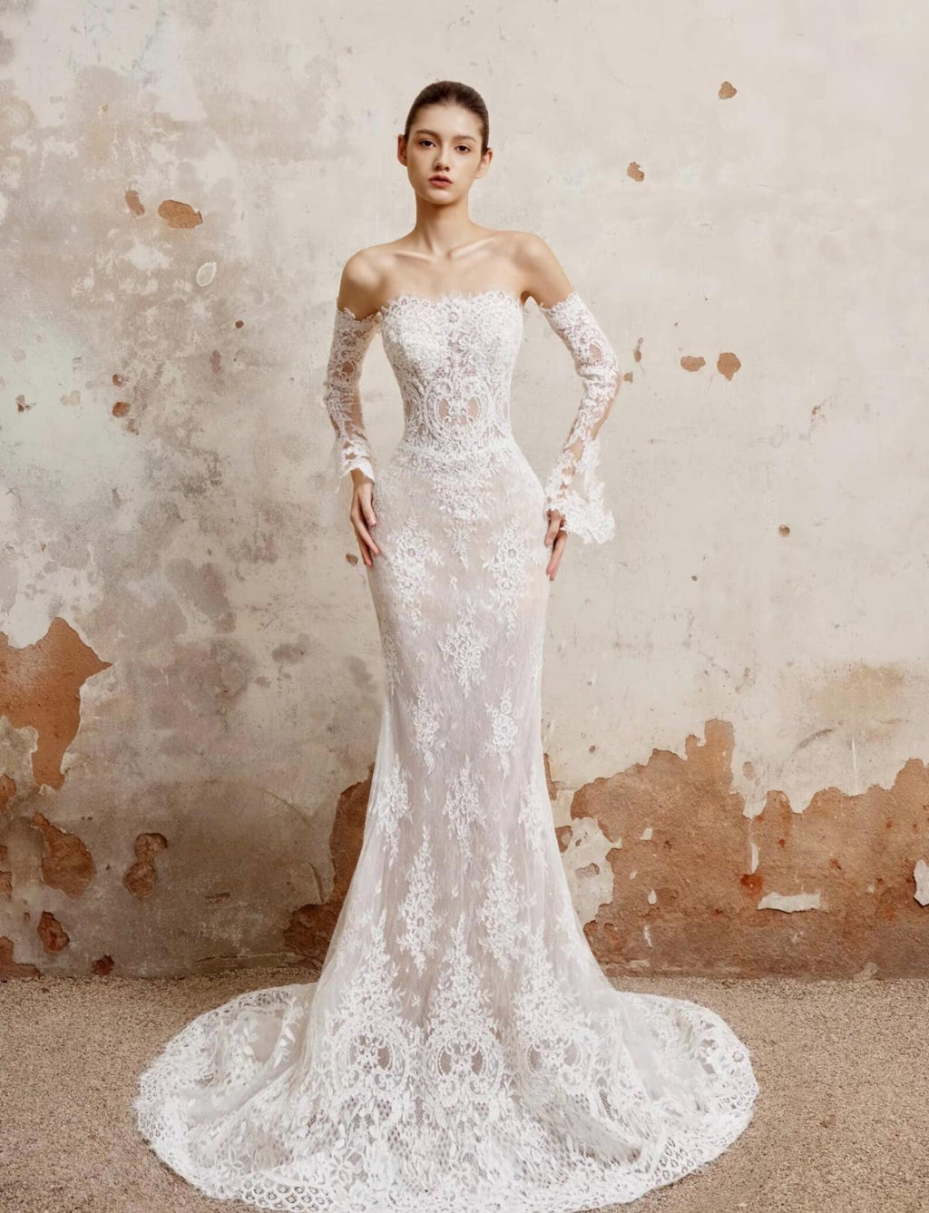 Strapless Lace Wedding Gown, Detachable Long Lace Sleeves, Tulle Skirt Bridal Dress With Satin Bows