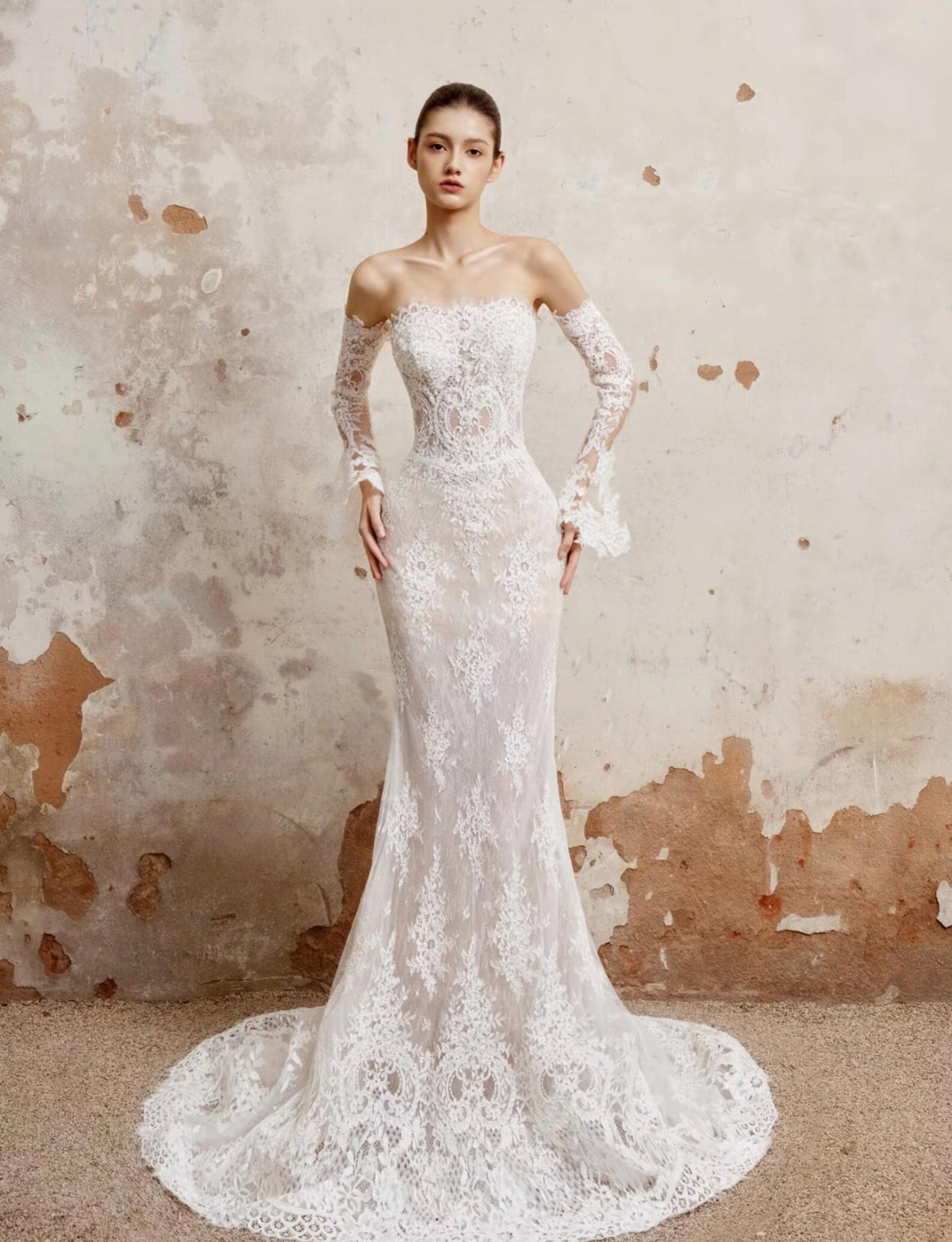 Strapless Lace Wedding Gown, Detachable Long Lace Sleeves, Tulle Skirt Bridal Dress With Satin Bows
