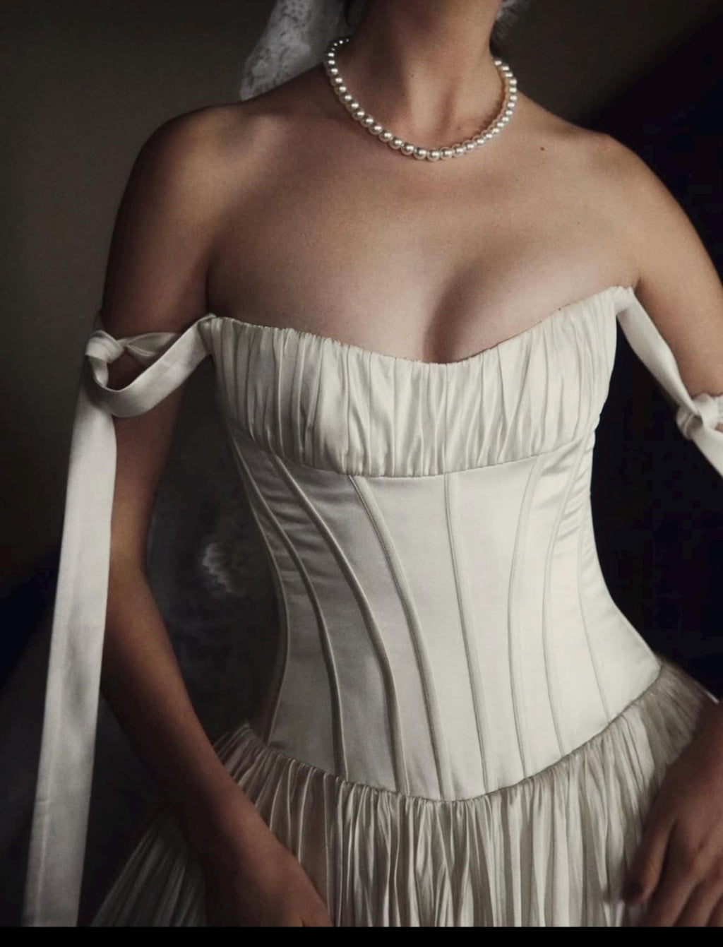 Strapless Corset Wedding Gown, Pleated Voluminous Ballgown, Off‑Shoulder Tie Strap Bridal Dress