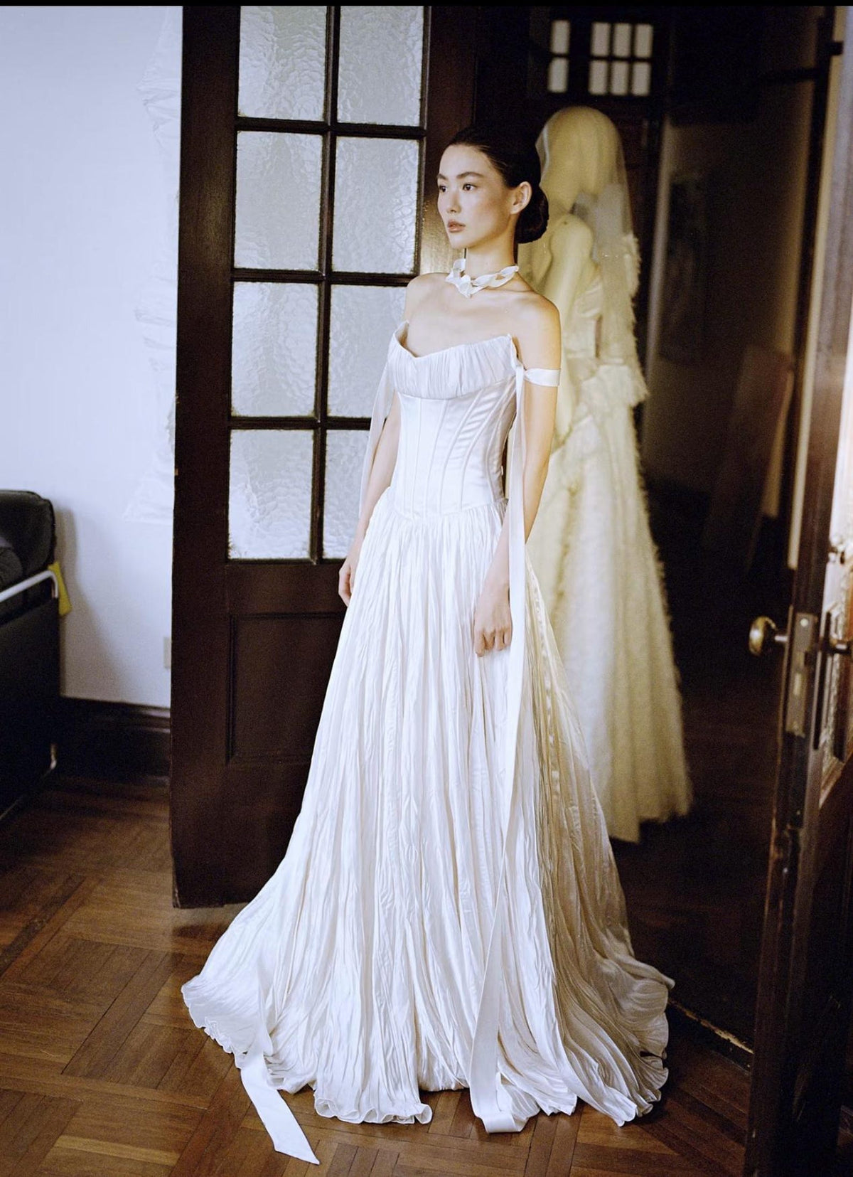 Strapless Corset Wedding Gown, Pleated Voluminous Ballgown, Off‑Shoulder Tie Strap Bridal Dress