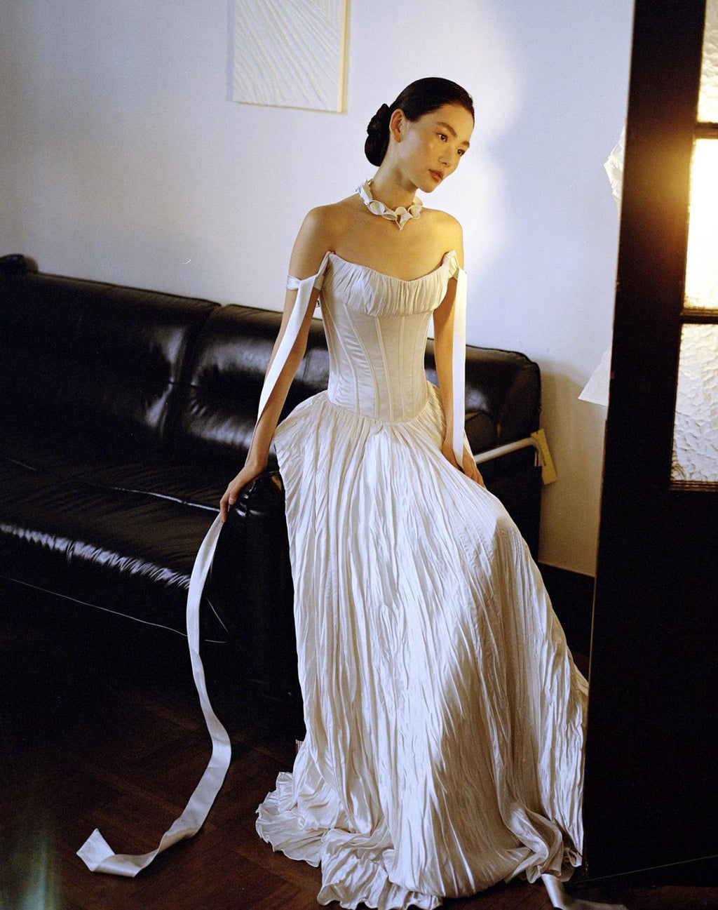 Strapless Corset Wedding Gown, Pleated Voluminous Ballgown, Off‑Shoulder Tie Strap Bridal Dress
