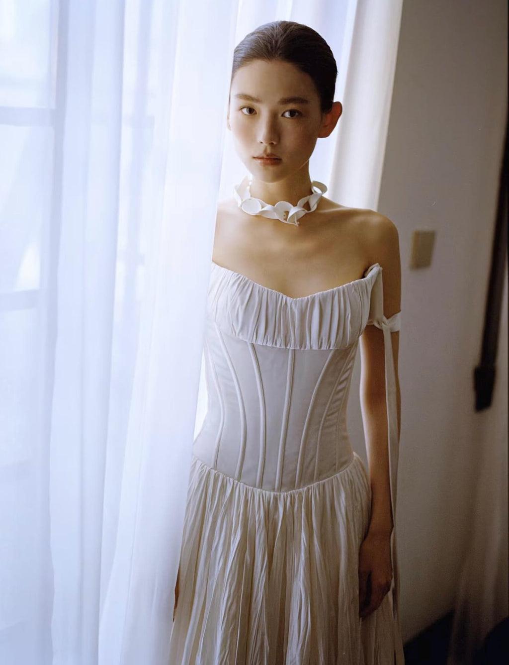 Strapless Corset Wedding Gown, Pleated Voluminous Ballgown, Off‑Shoulder Tie Strap Bridal Dress