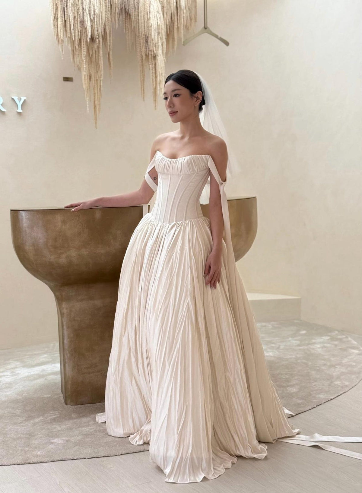 Strapless Corset Wedding Gown, Pleated Voluminous Ballgown, Off‑Shoulder Tie Strap Bridal Dress