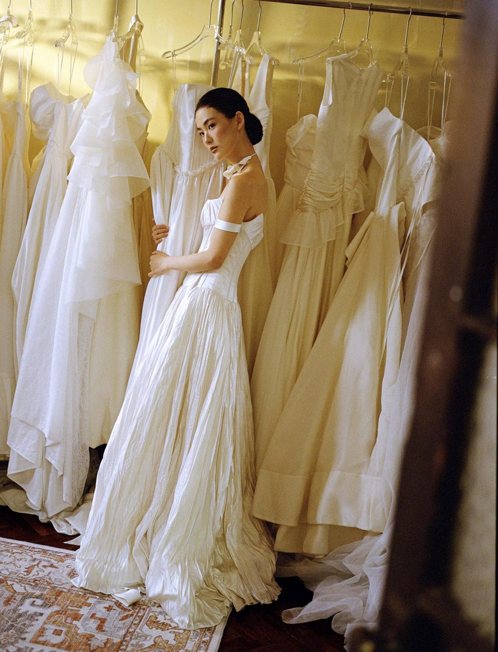 Strapless Corset Wedding Gown, Pleated Voluminous Ballgown, Off‑Shoulder Tie Strap Bridal Dress