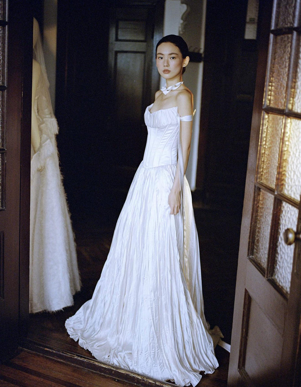 Strapless Corset Wedding Gown, Pleated Voluminous Ballgown, Off‑Shoulder Tie Strap Bridal Dress
