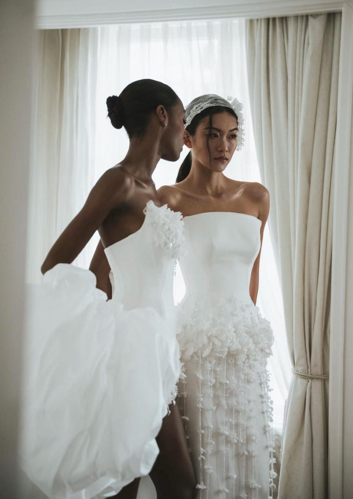 Strapless Satin Midi Wedding Dress, 3D Floral Tassel Fringe Mermaid Bridal Gown