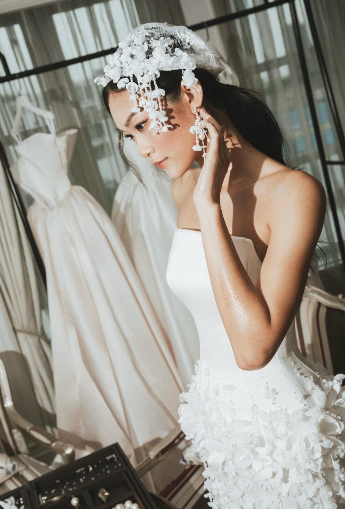 Strapless Satin Midi Wedding Dress, 3D Floral Tassel Fringe Mermaid Bridal Gown