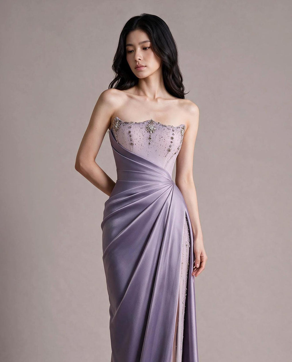 Strapless Lavender Satin Evening Gown, Beaded Bodice Draped Slit Formal Prom Dress