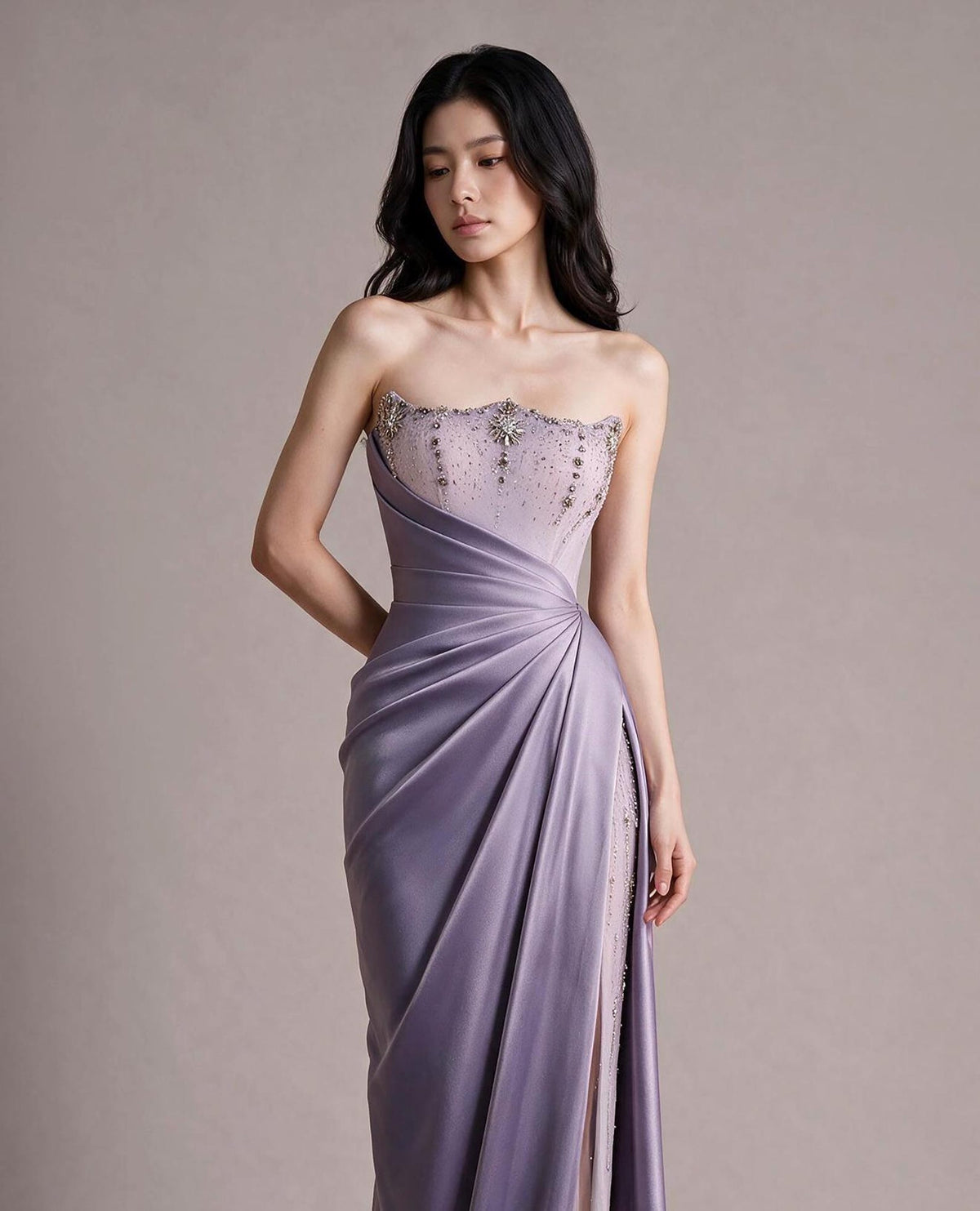 Strapless Lavender Satin Evening Gown, Beaded Bodice Draped Slit Formal Prom Dress