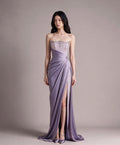 Strapless Lavender Satin Evening Gown, Beaded Bodice Draped Slit Formal Prom Dress