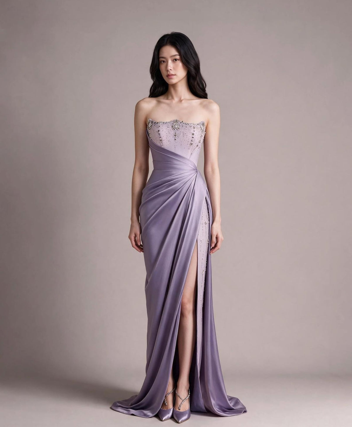 Strapless Lavender Satin Evening Gown, Beaded Bodice Draped Slit Formal Prom Dress