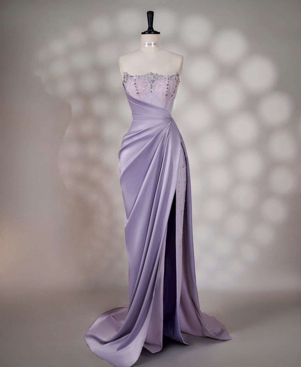 Strapless Lavender Satin Evening Gown, Beaded Bodice Draped Slit Formal Prom Dress