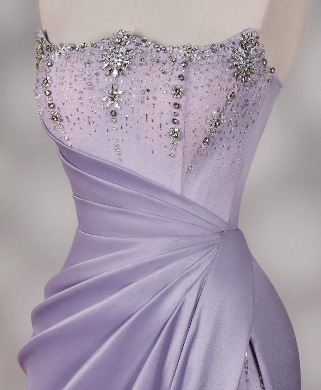 Strapless Lavender Satin Evening Gown, Beaded Bodice Draped Slit Formal Prom Dress