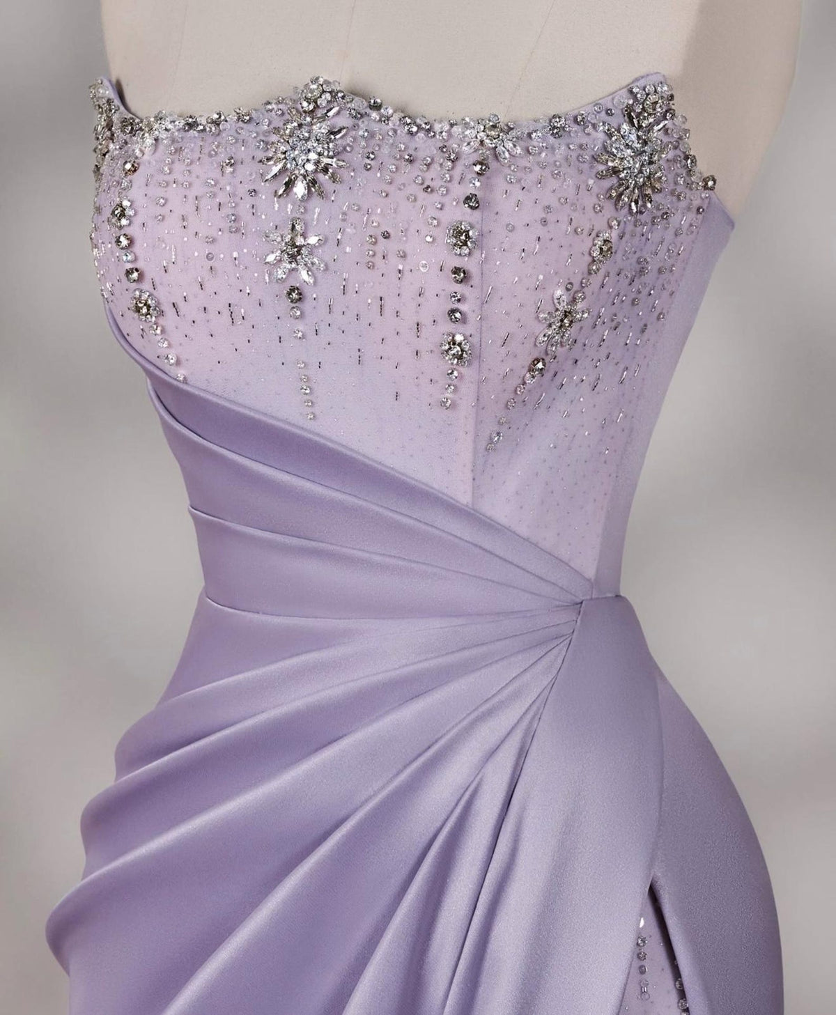 Strapless Lavender Satin Evening Gown, Beaded Bodice Draped Slit Formal Prom Dress