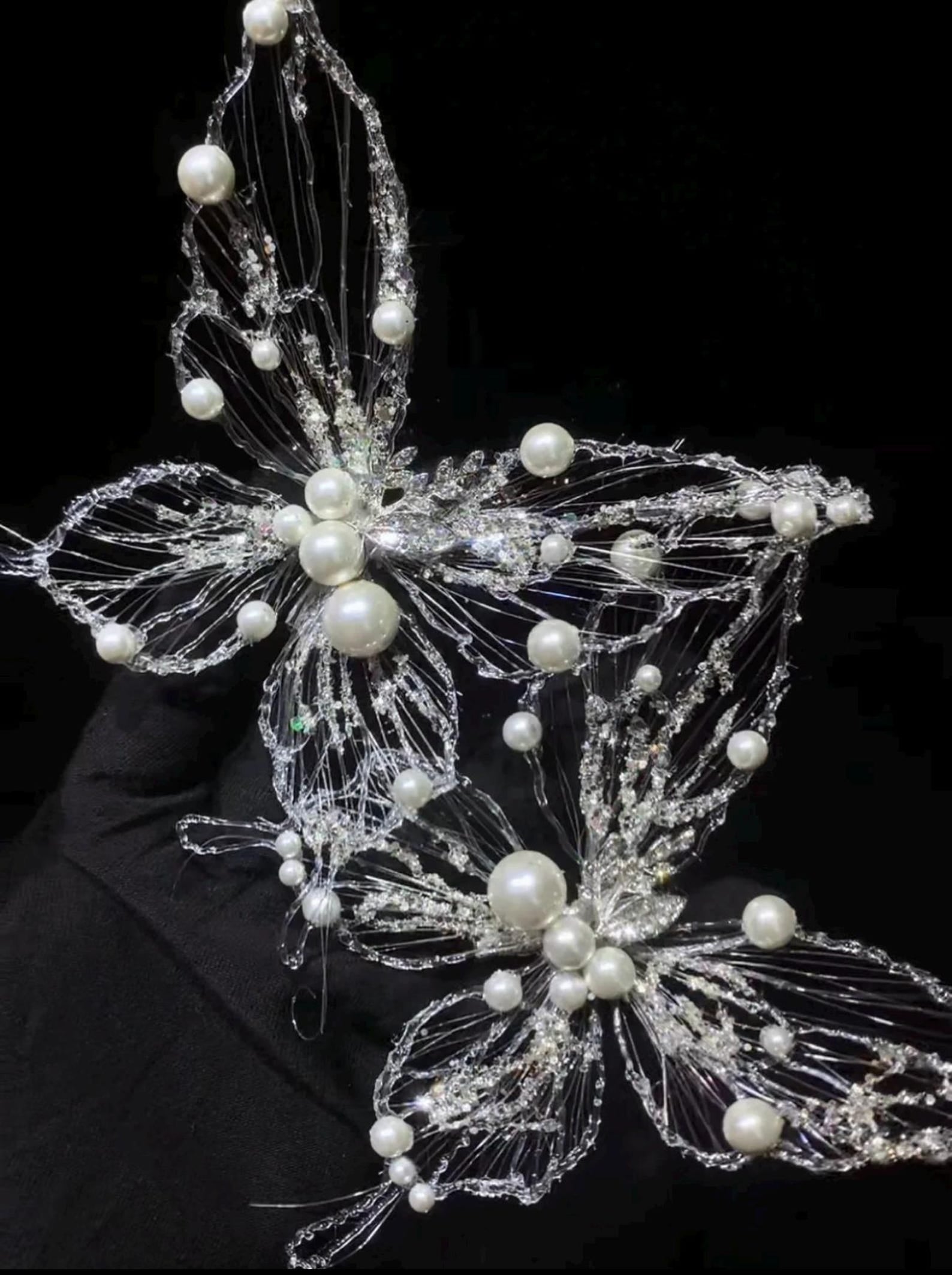 Hand‑wired Pearl Butterfly Bridal Headpiece, Crystal Rhinestone Butterfly Hair Clip, Fairy Wedding Hair Accessory for Bride
