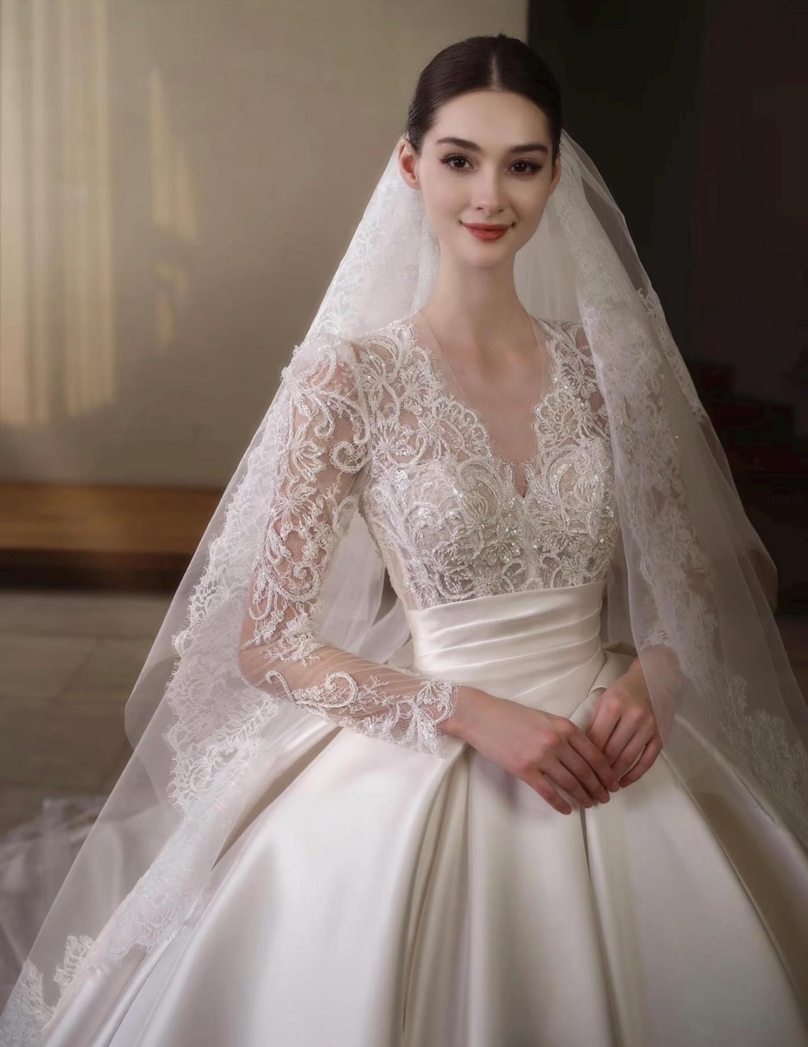 Vintage Lace Long Sleeve Satin Wedding Dress, V‑Neck Ball Gown Bridal Gown With Cathedral Train, Luxury Royal Bride Dress