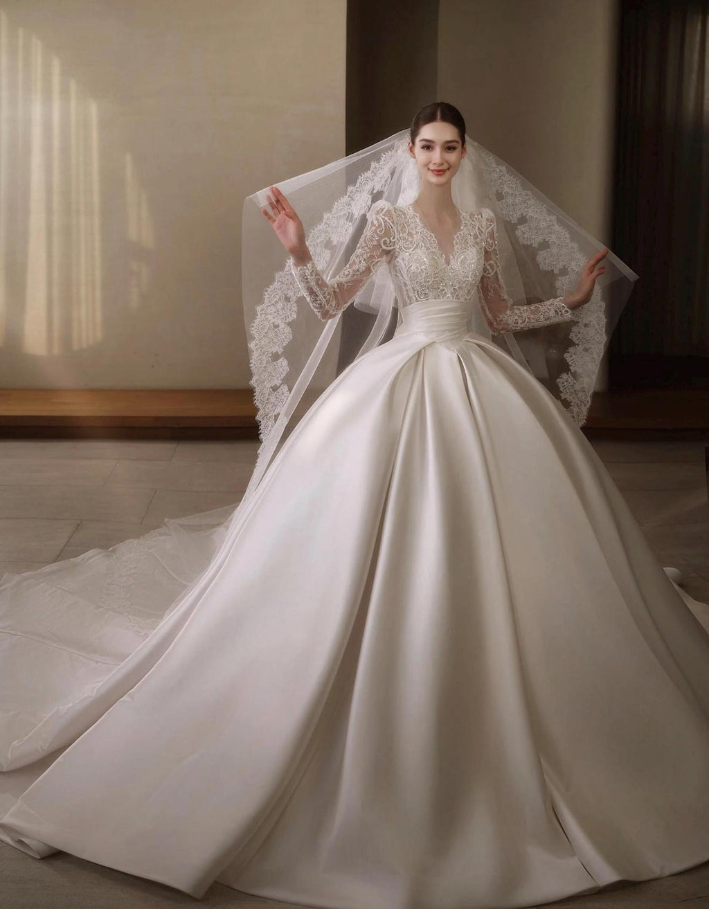Vintage Lace Long Sleeve Satin Wedding Dress, V‑Neck Ball Gown Bridal Gown With Cathedral Train, Luxury Royal Bride Dress