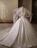 Vintage Lace Long Sleeve Satin Wedding Dress, V‑Neck Ball Gown Bridal Gown With Cathedral Train, Luxury Royal Bride Dress