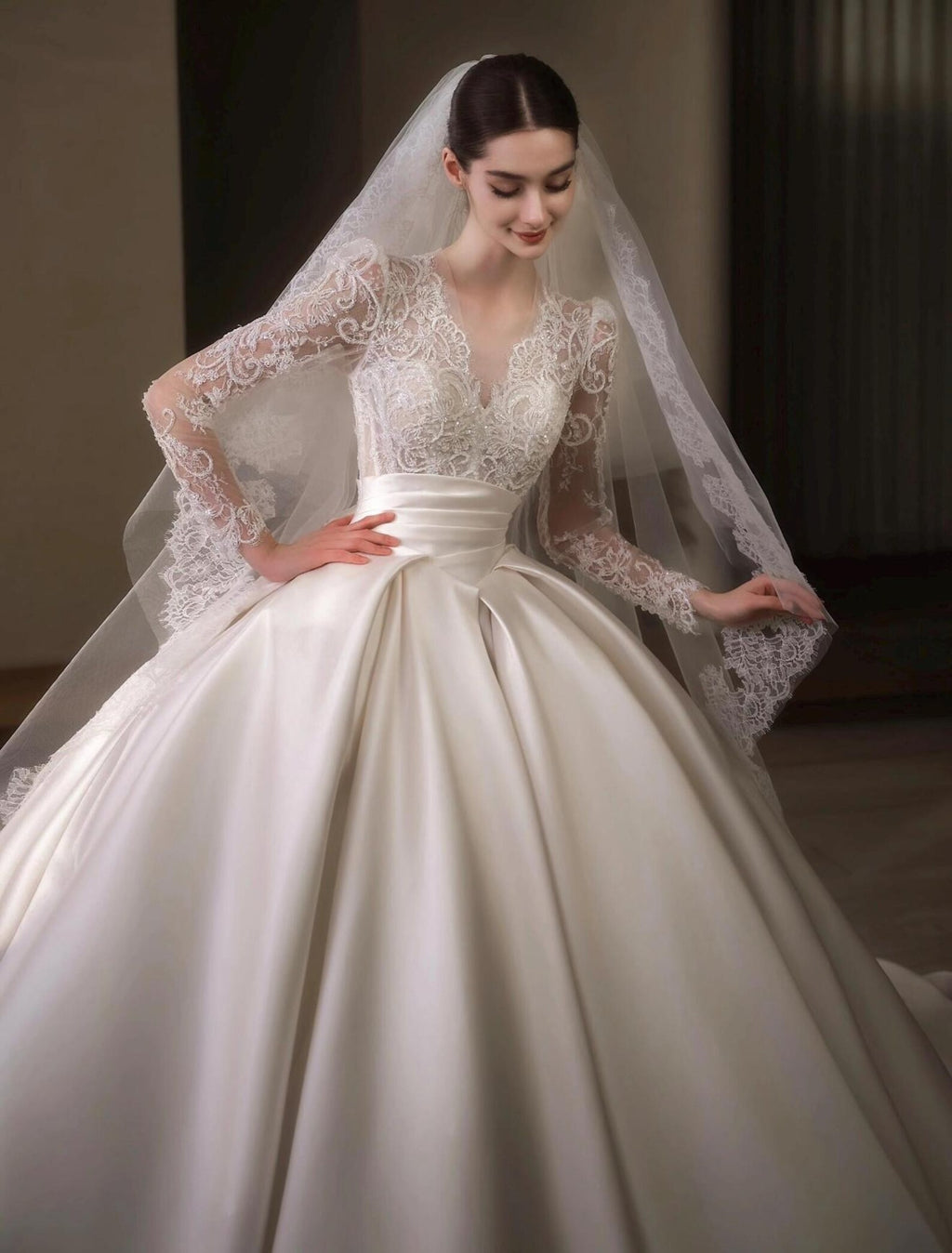 Vintage Lace Long Sleeve Satin Wedding Dress, V‑Neck Ball Gown Bridal Gown With Cathedral Train, Luxury Royal Bride Dress