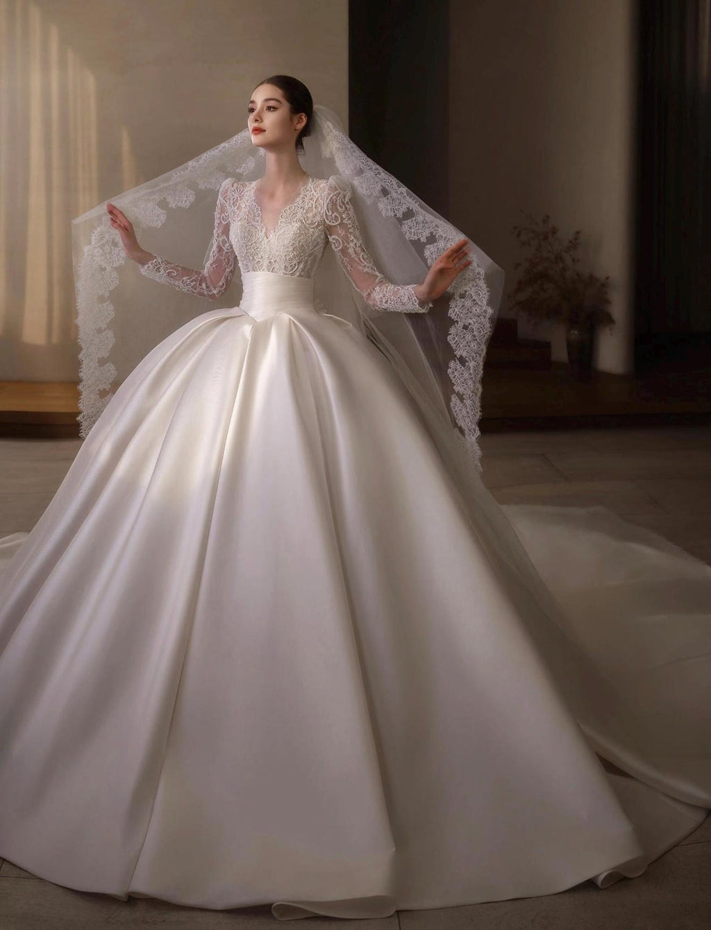 Vintage Lace Long Sleeve Satin Wedding Dress, V‑Neck Ball Gown Bridal Gown With Cathedral Train, Luxury Royal Bride Dress